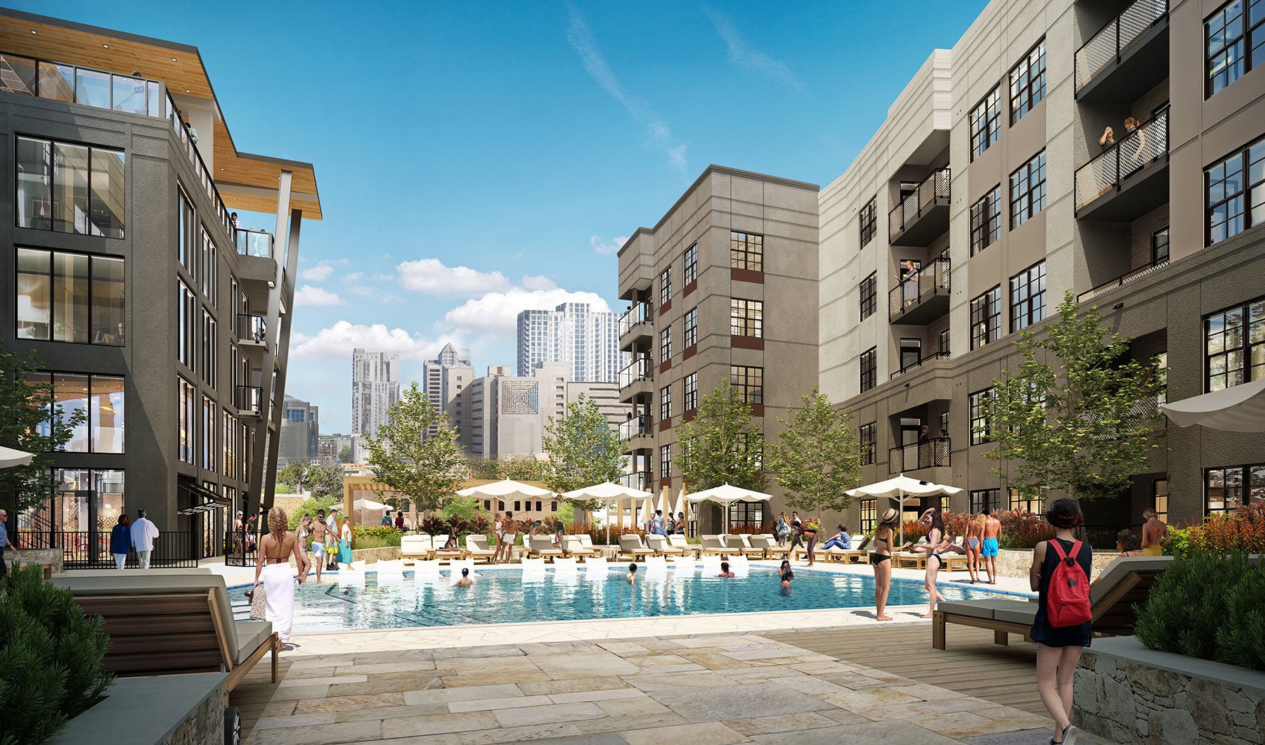 outside pool rendering showing spacious seating and nearness to apartment homes